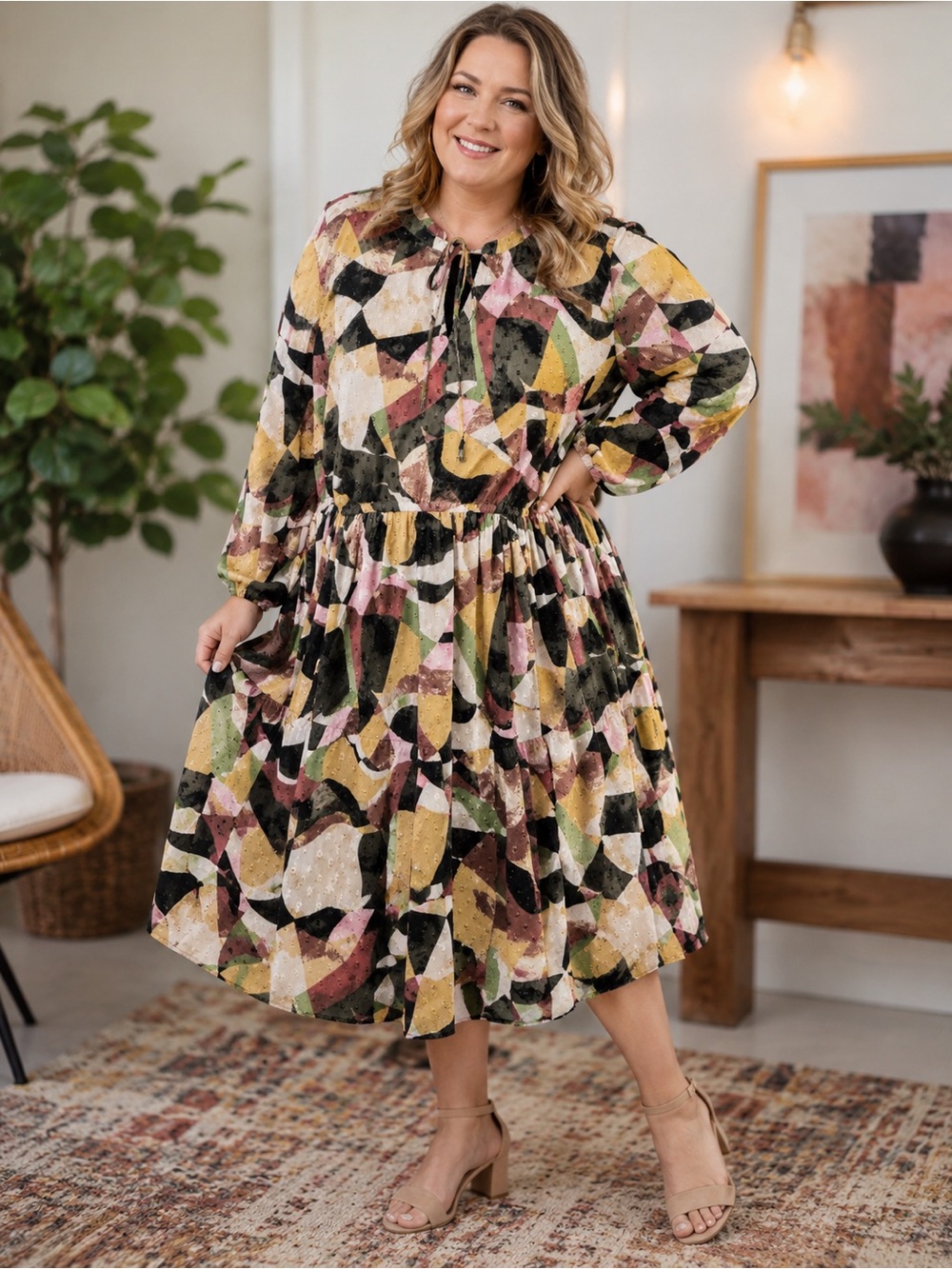 torrid Multi-Color Abstract Print Long Sleeve Midi Dress